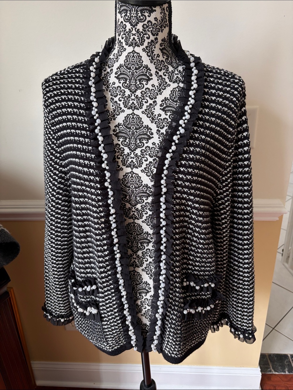 Chaus Black and White Knit Open-Front Cardigan with Pom Trim